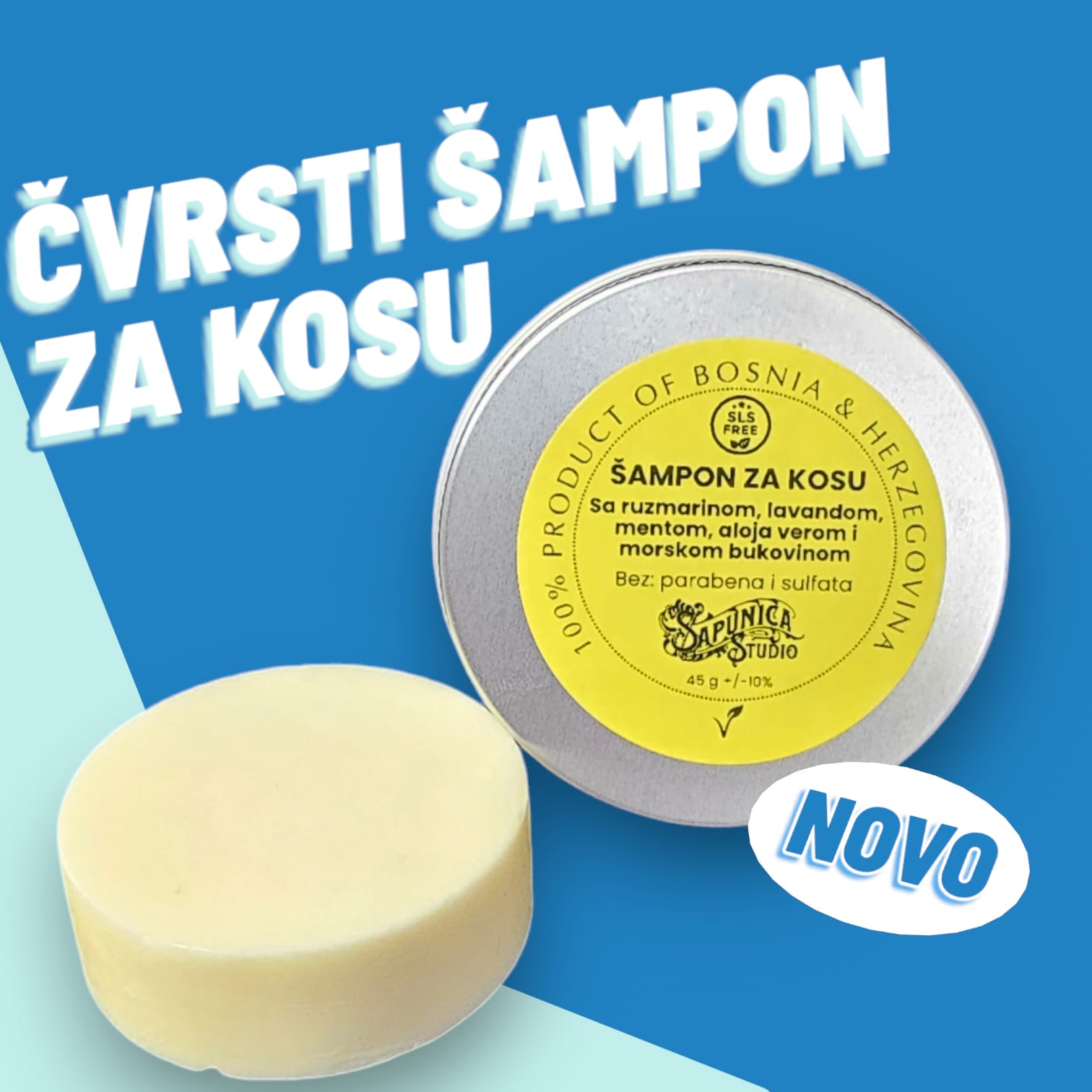 Čvrsti šampon za kosu sa ruzmarinom, lavandom, aloe verom, mentom i morskom bukovinom